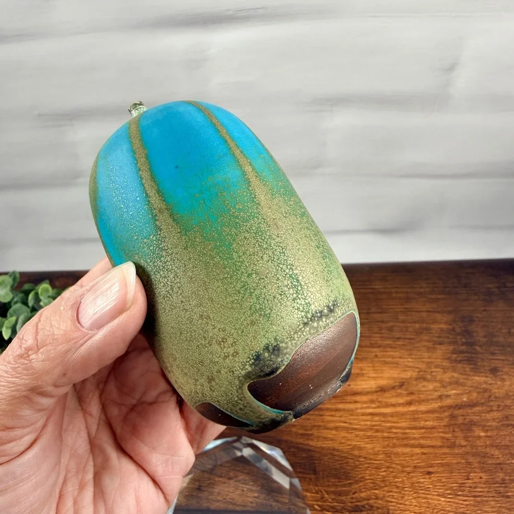 Rose Cabat Feelie Studio Pottery Vase Turquoise Green Crystalline Glaze Signed
